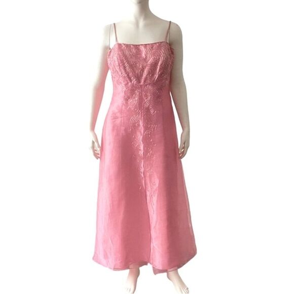 Hannah S Pink Silk Beaded Formal Dress Size 16 Spaghetti Strap Midi Evening Gown - Picture 1 of 12